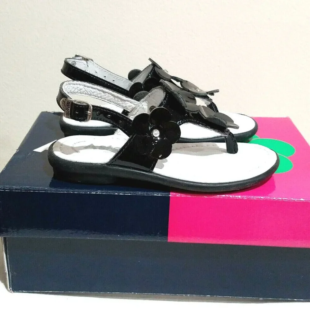 Aster France lk Livie & Luca Black Girls Sandals w/3-D Flowers 24/7 25/8 29/11‎